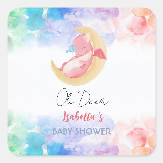 Sticker Carré Cute dragon dinosaure arc-en-ciel baby shower de b (Devant)
