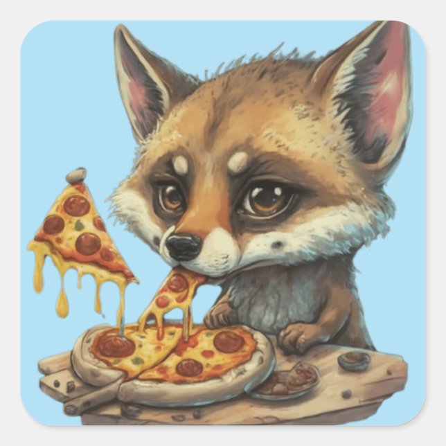 Sticker Carré Cute drôle animaux mangeant une pizza drôle idées  (Devant)