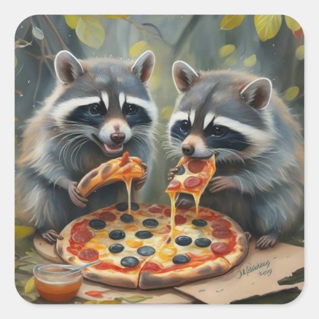 Sticker Carré Cute drôle animaux mangeant une pizza drôle idées  (Devant)