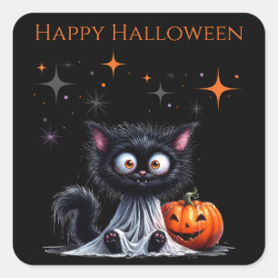 Sticker Carré Cute Drôle Fantôme Noir Kitten Halloween