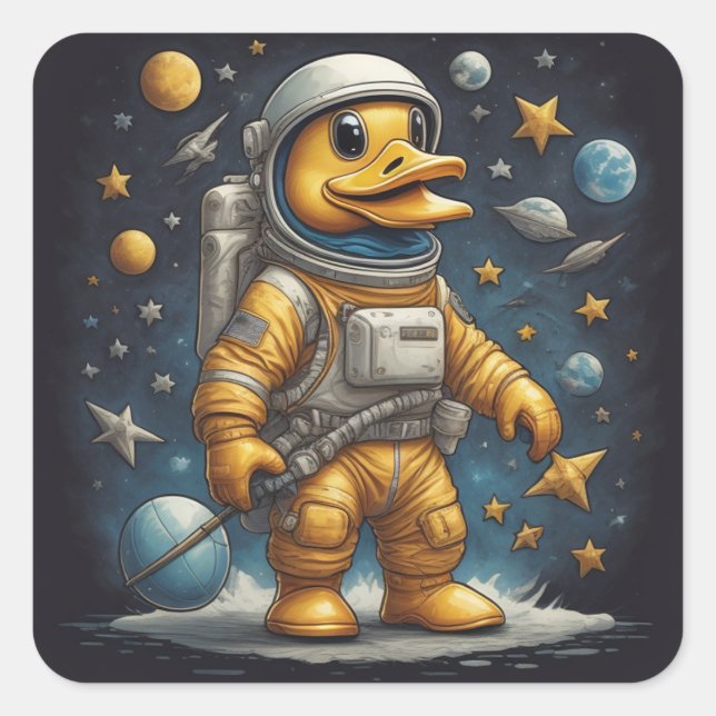 Sticker Carré Cute Duck astronaute dans l'espace avec des planèt (Devant)
