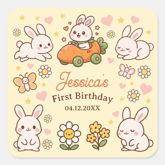 Sticker Carré Cute Easter Bunnies Whimsical 1st Birthday Party (Devant)