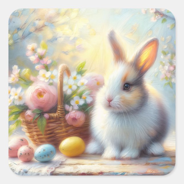 Sticker Carré Cute Easter Bunny with Eggs - Pastel Spring Rabbit (Devant)