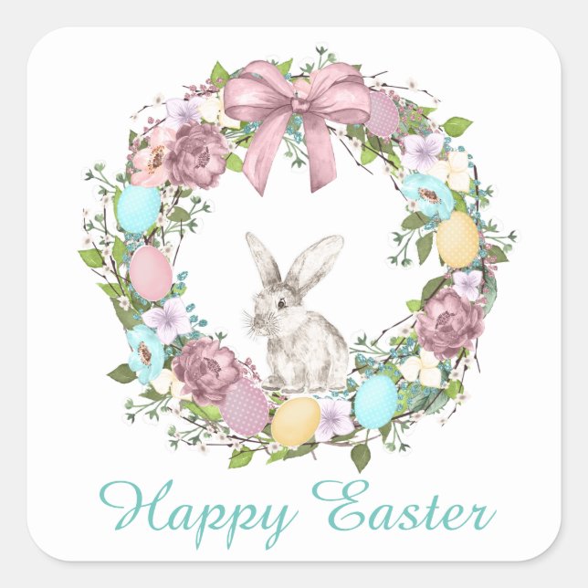Sticker Carré Cute Easter lapin wreath ajouter message autocolla (Devant)