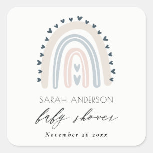 STICKER CARRÉ CUTE ÉLÉGANT BLUSH BLUE HEART RAINBOUR BABY SHOWER