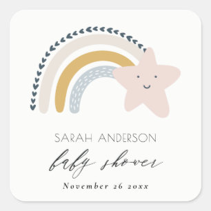 STICKER CARRÉ CUTE ÉLÉGANT BLUSH STAR RAINBOUR BABY SHOWER BLEU