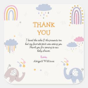 Sticker Carré Cute Elephant Rainbow Girls Baby shower Merci