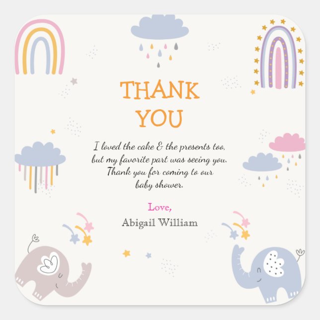Sticker Carré Cute Elephant Rainbow Girls Baby shower Merci (Devant)