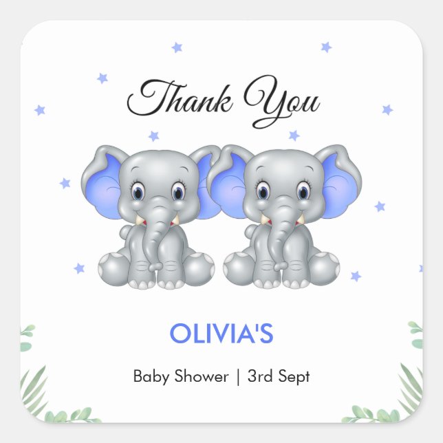 Sticker Carré Cute Elephant Twin Boys Baby shower Merci (Devant)