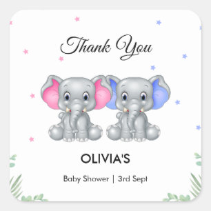 Sticker Carré Cute Elephant Twin Girl Baby shower Merci