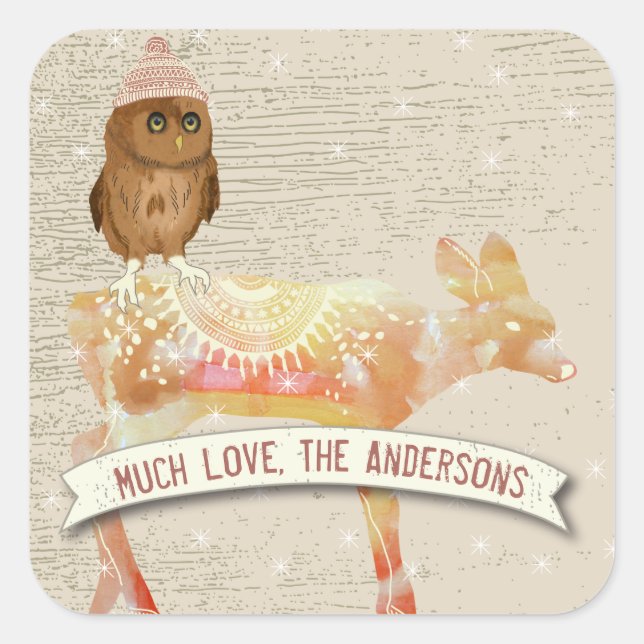 Sticker Carré Cute Eyes Owl Aquarelle Cerf Grange Bois (Devant)