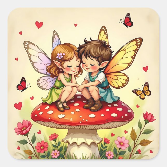 Sticker Carré Cute Fairies on Retro Mushrooms Vintage (Devant)