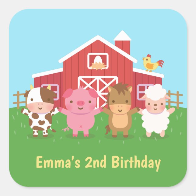 Sticker Carré Cute Farm Grange Animaux Anniversaire de enfant Pa (Devant)