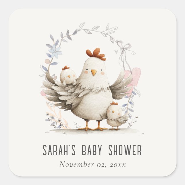 Sticker Carré Cute Farm Mum and Baby Chick Floral Baby Shower (Devant)