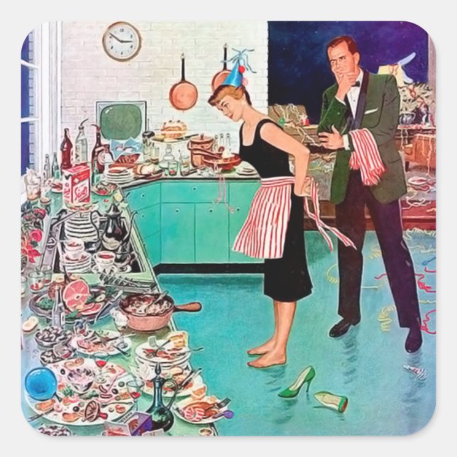 Sticker Carré Cute femme de nettoyage vintage rétro (Devant)