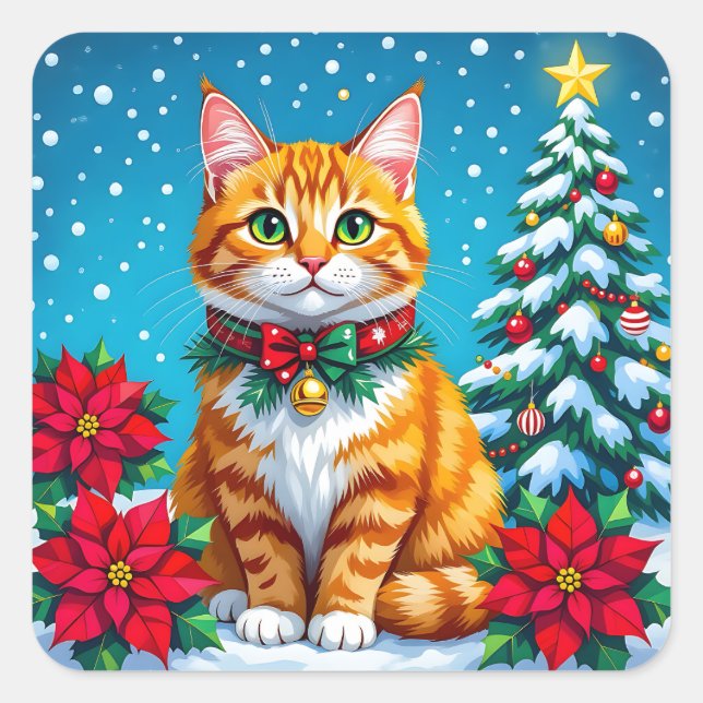 Sticker Carré Cute Festive Orange Cat Christmas (Devant)