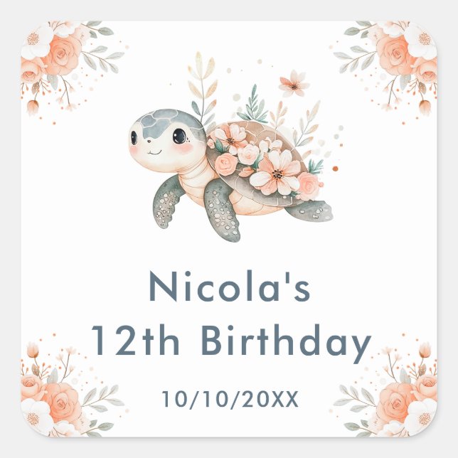 Sticker Carré Cute Floral Turtle Birthday Party (Devant)