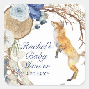 Sticker Carré Cute Fox bois aquarelle Baby shower Floral