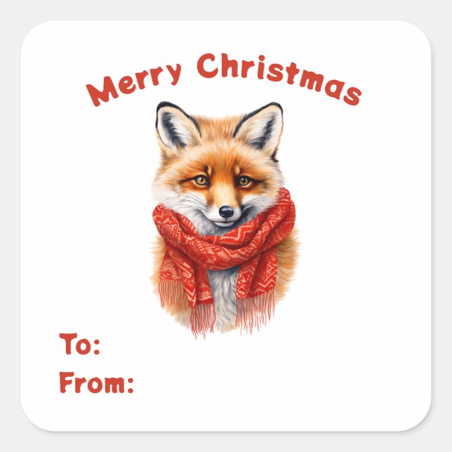 Sticker Carré Cute Fox in a Red Scarf To & From Gift (Devant)