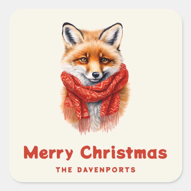 Sticker Carré Cute Fox in a Red Scarf Winter Christmas (Devant)