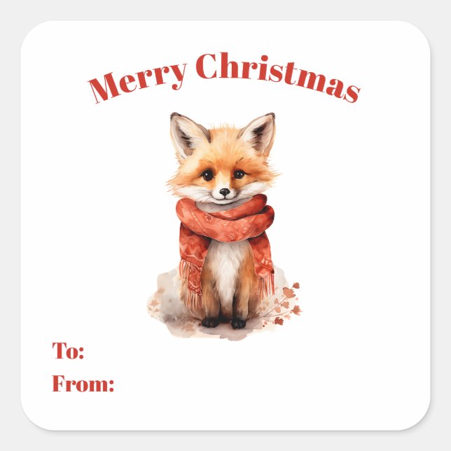 Sticker Carré Cute Fox Pup in a Red Scarf To and From Gift (Devant)