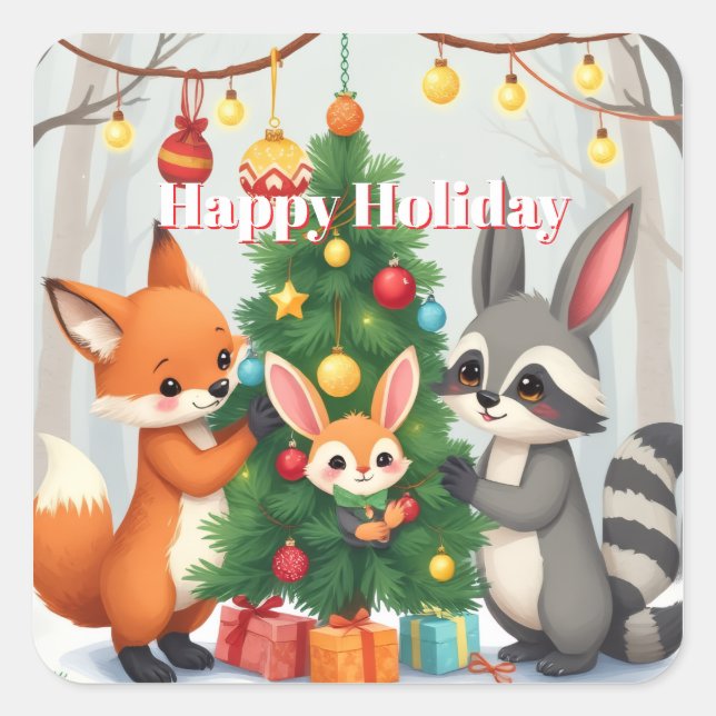 Sticker Carré  Cute Fox, Raccoon, & Bunny Christmas Keepsake (Devant)