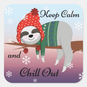Sticker Carré Cute Funny Garder le calme Sloth en hiver Casquett