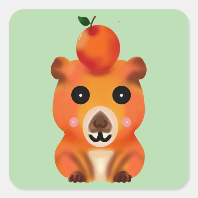 Sticker Carré Cute Fuzzy Capybara with Orange | Kawaii Animal Ar (Devant)