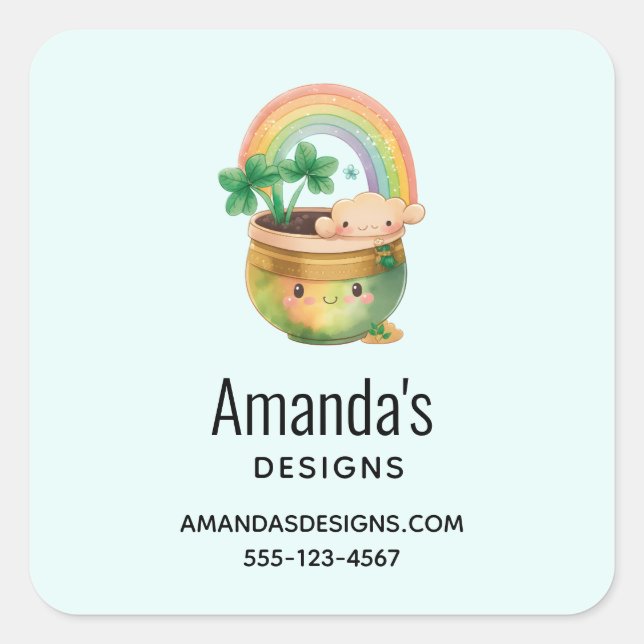 Sticker Carré Cute Garden Planter avec Rainbow & Clover Business (Devant)