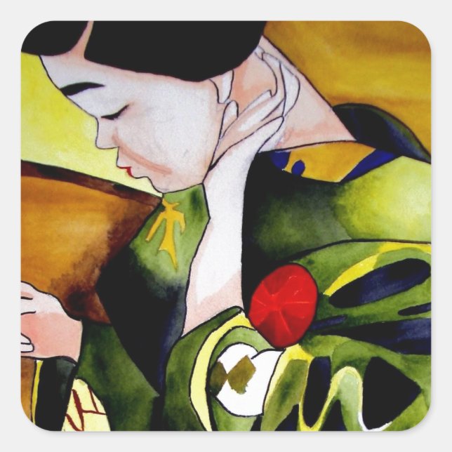 Sticker Carré Cute Geisha with green kimono original art (Devant)