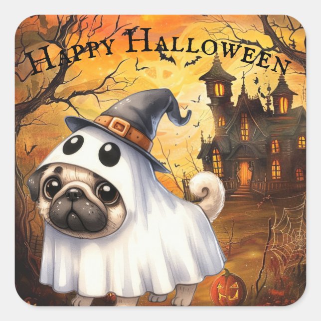 Sticker Carré Cute Ghostie Pug Halloween personnalisable (Devant)