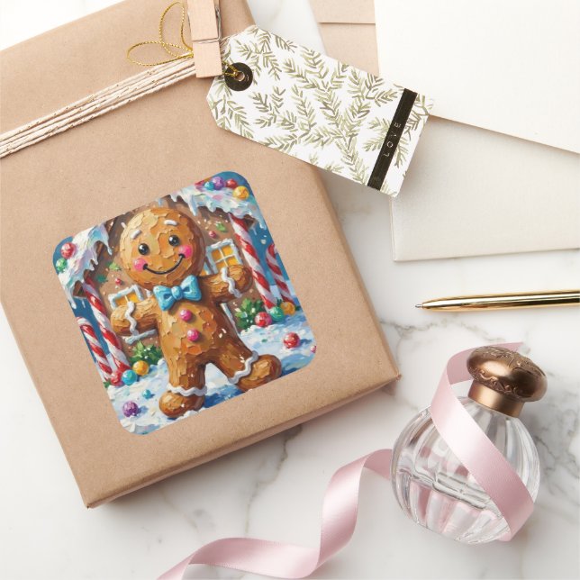 Sticker Carré Cute Gingerbread Man Cheerful Christmas Cookie Art (Cadeaux)