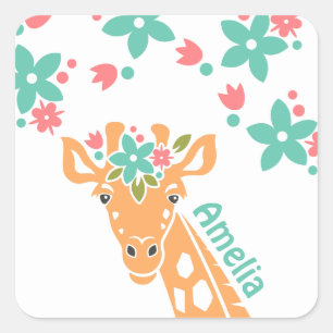Sticker Carré Cute Giraffe avec Flower Crown Personalised