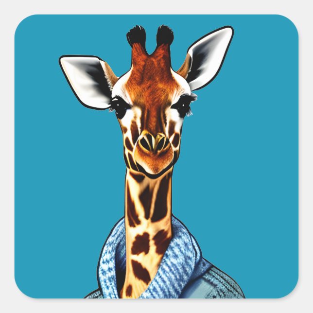 Sticker Carré Cute Giraffe portant une veste Denim (Devant)