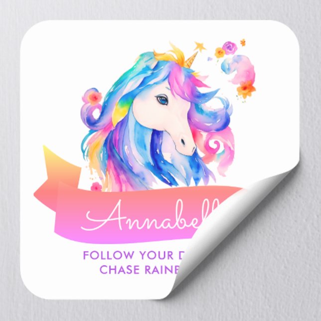 Sticker Carré Cute Girl Rainbow Unicorn Aquarelle et nom (Créateur téléchargé)