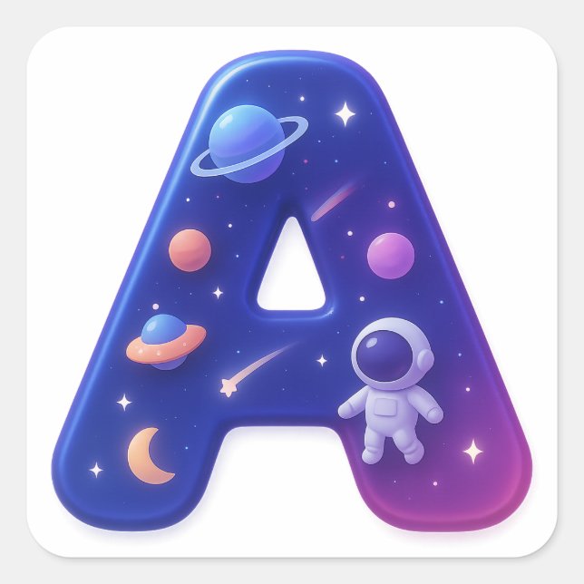 Sticker Carré Cute Glossy Space Alphabet Letter A – Galaxy Theme (Devant)