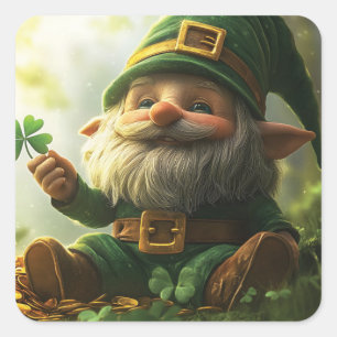 Sticker Carré Cute gnome leprechaun avec shamrocks et clous de g