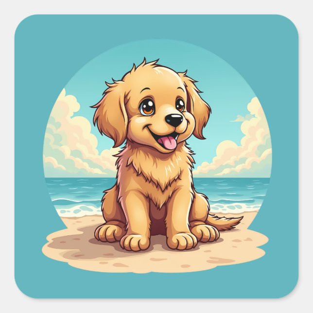 Sticker Carré Cute Golden Puppy at Sunny Beach Scene (Devant)