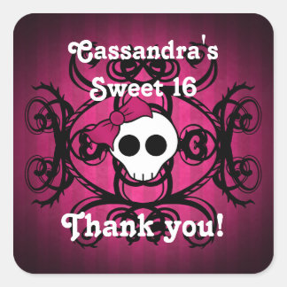 Sticker Carré Cute gothique crâne fuschia et noir doux 16