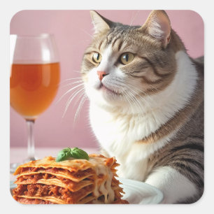 Sticker Carré Cute Gray Chat avec Lasagne et Verre à Vin