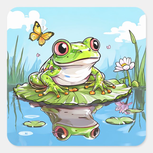 Sticker Carré Cute grenouille sur un Lily Pad Cute (Devant)