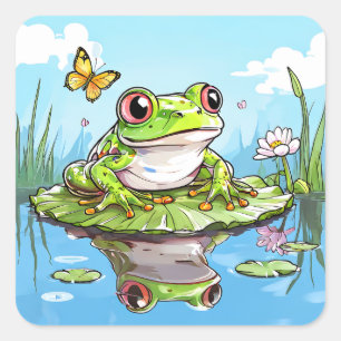 Sticker Carré Cute grenouille sur un Lily Pad Cute