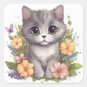 Sticker Carré Cute Grey Kitty avec Fleurs Chibi Kawaii