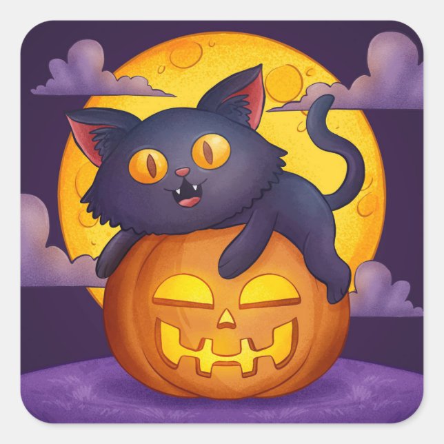 Sticker Carré Cute Halloween Chat noir Citrouille et Lune (Devant)