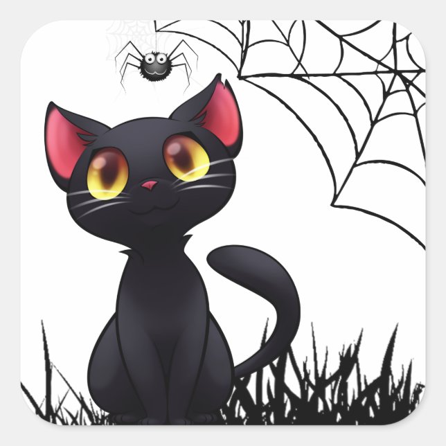 Sticker Carré Cute Halloween Chat Noir Regardant Araignée (Devant)