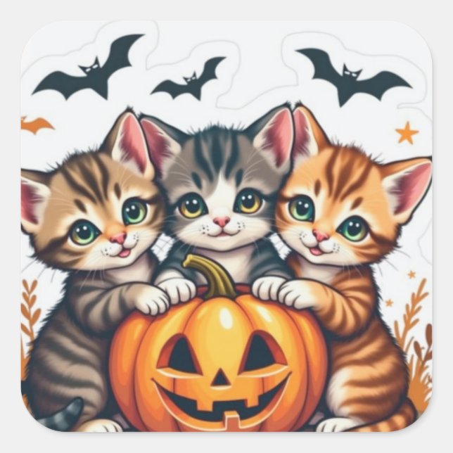 Sticker Carré Cute Halloween Chats et Citrouille fal Vinyl Stick (Devant)