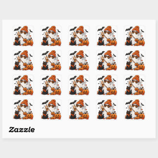 Sticker Carré Cute Halloween Ghost & Black Cat – Spooky Autumn