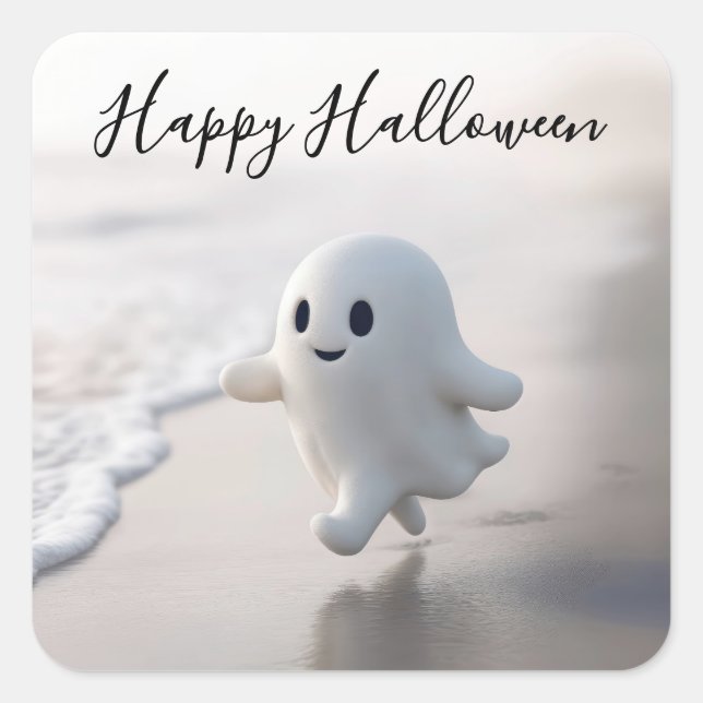 Sticker Carré Cute Halloween Ghost Running On a Beach (Devant)