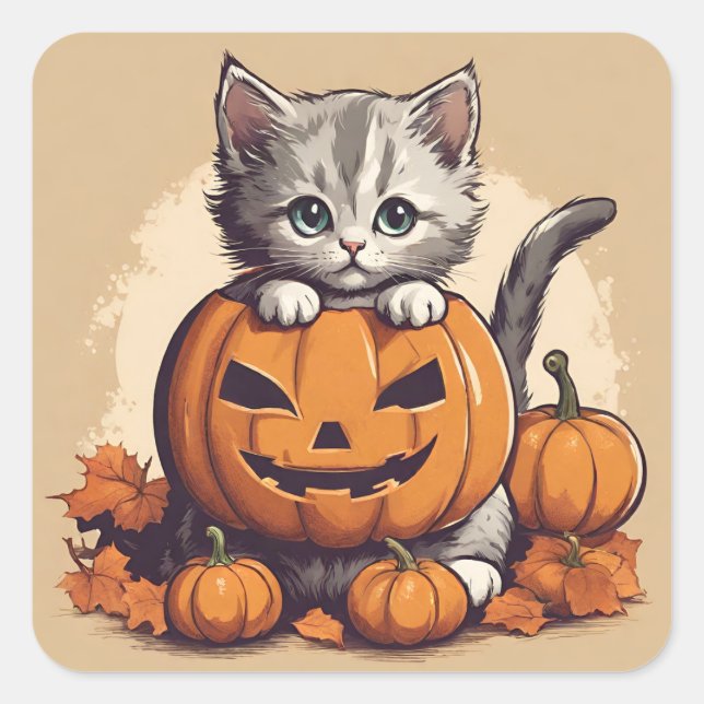 Sticker Carré Cute Halloween Kitten et Jack-O'' Lantern (Devant)
