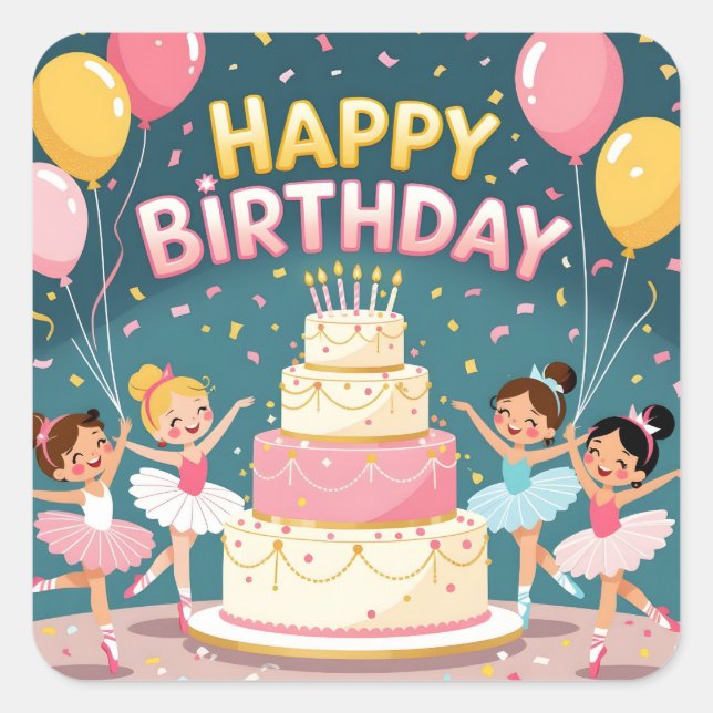 Sticker Carré Cute Happy Birthday ballerina theme (Devant)